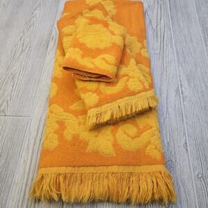 Vintage Cannon Monticello 3pc Bath Towel Set MCM Gold Orange Sculpted Fringe